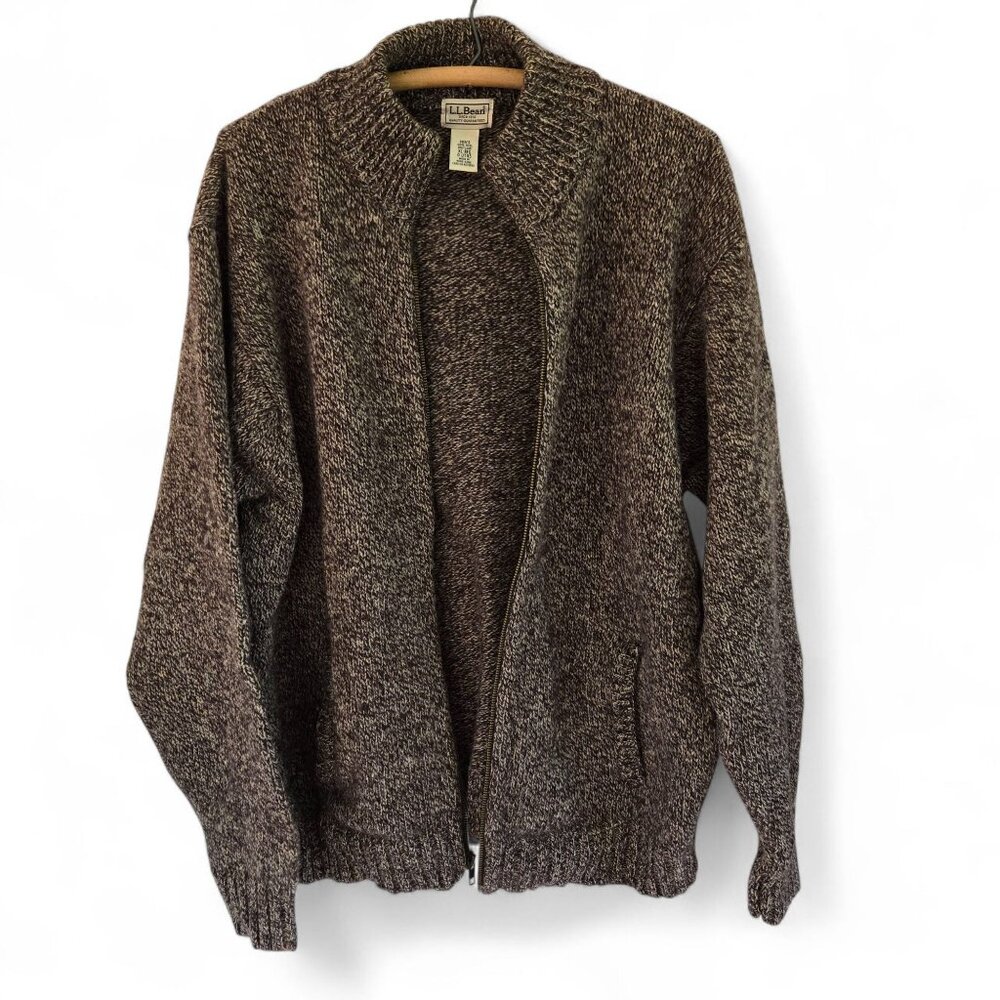L.L. Bean Mens XL Shetland Wool Full-Zip Cardigan Sweater Heather Brown - Picture 2 of 11